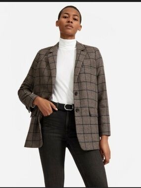 Everlane Chocolate & Black Houndstooth Plaid Single-Breasted Blazer
